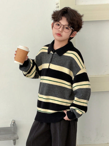 DAZY Tween Boy Striped Pattern Button Casual Versatile Long Sleeve Pullover Sweater