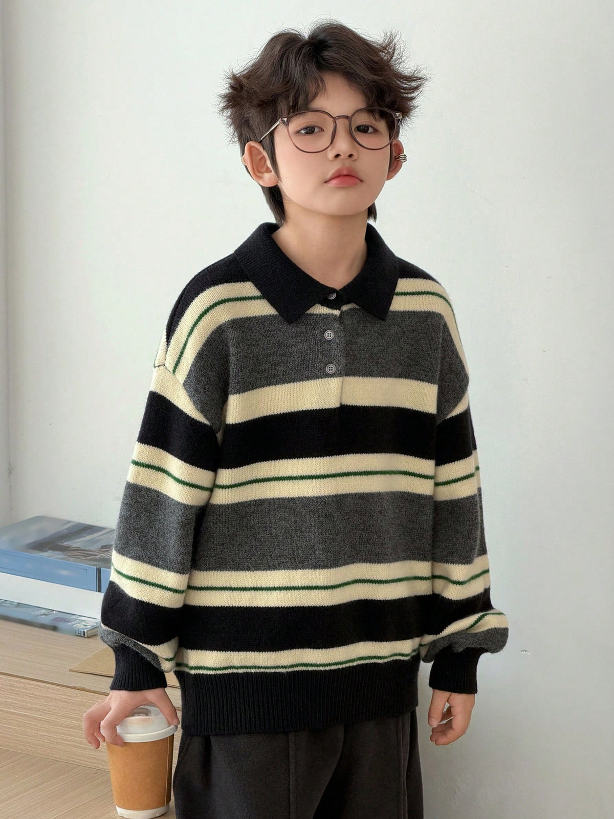 DAZY Tween Boy Striped Pattern Button Casual Versatile Long Sleeve Pullover Sweater