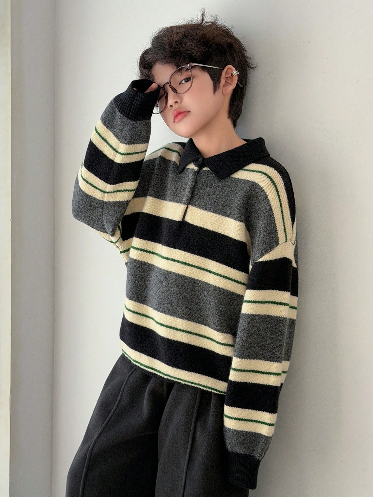 DAZY Tween Boy Striped Pattern Button Casual Versatile Long Sleeve Pullover Sweater