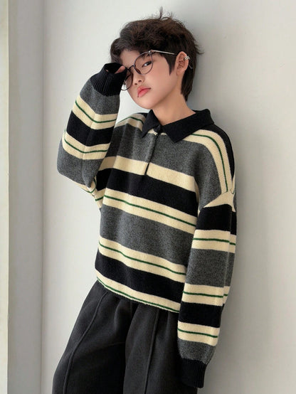 DAZY Tween Boy Striped Pattern Button Casual Versatile Long Sleeve Pullover Sweater