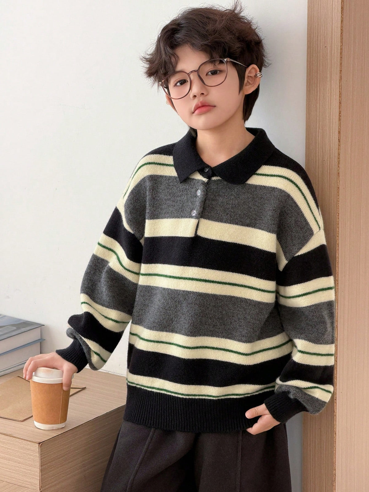 DAZY Tween Boy Striped Pattern Button Casual Versatile Long Sleeve Pullover Sweater