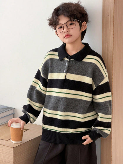 DAZY Tween Boy Striped Pattern Button Casual Versatile Long Sleeve Pullover Sweater