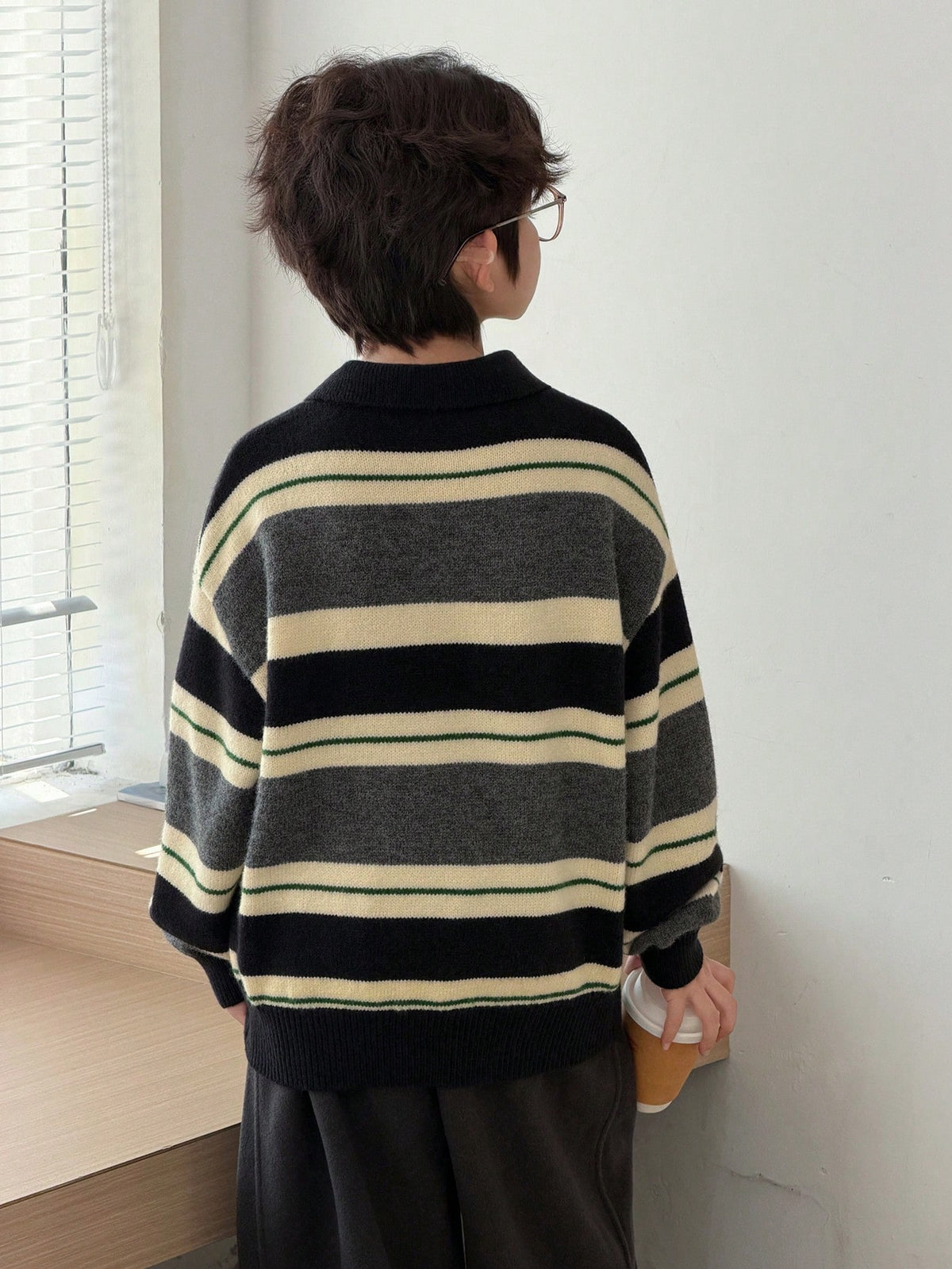 DAZY Tween Boy Striped Pattern Button Casual Versatile Long Sleeve Pullover Sweater