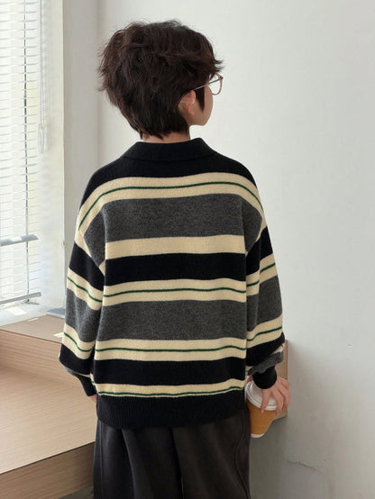 DAZY Tween Boy Striped Pattern Button Casual Versatile Long Sleeve Pullover Sweater