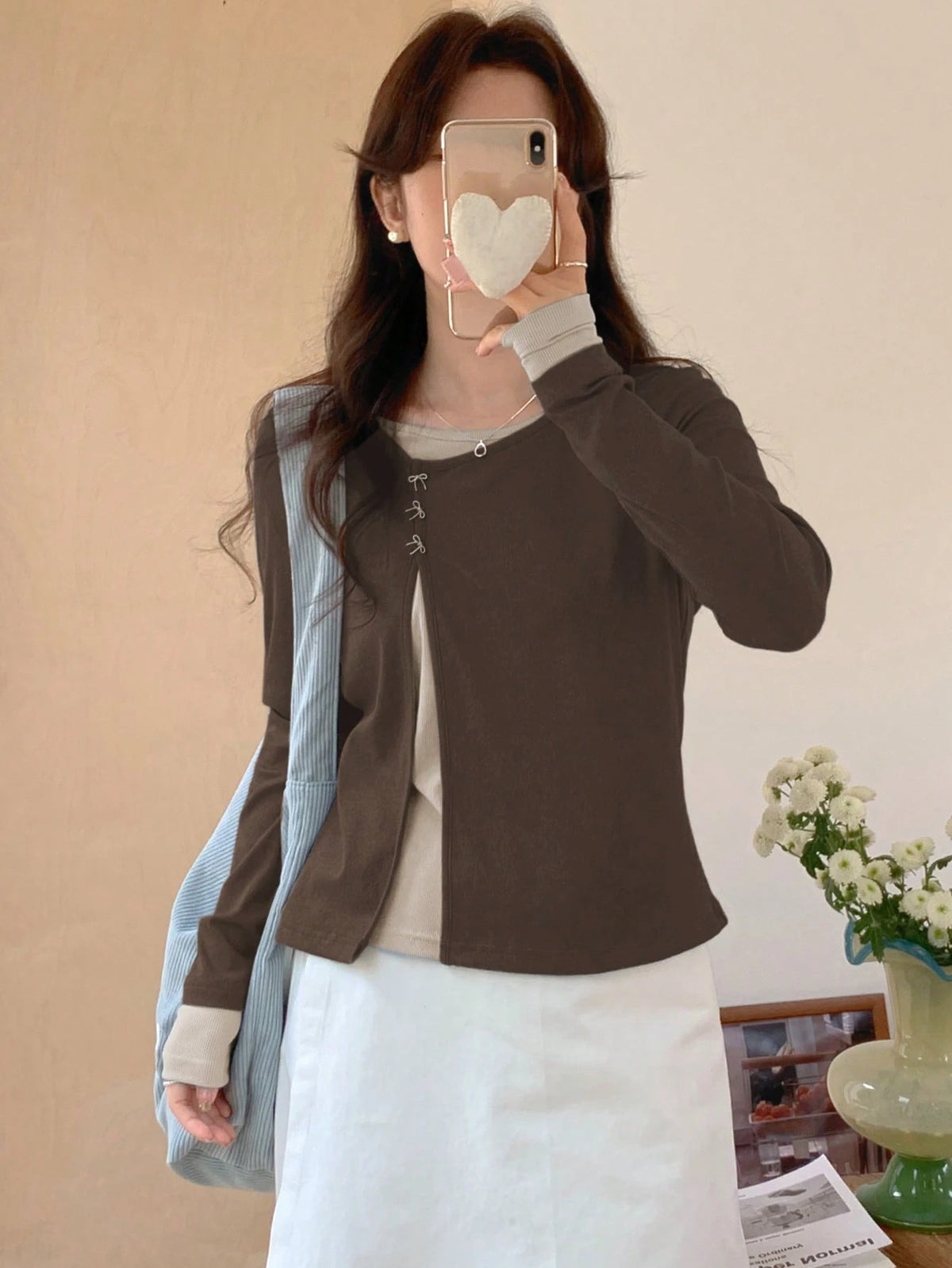 DAZY Women Contrast Color Long Sleeve 2 In 1 Diagonal Placket Round Neck Butterfly T-Shirt,Fall Clothes