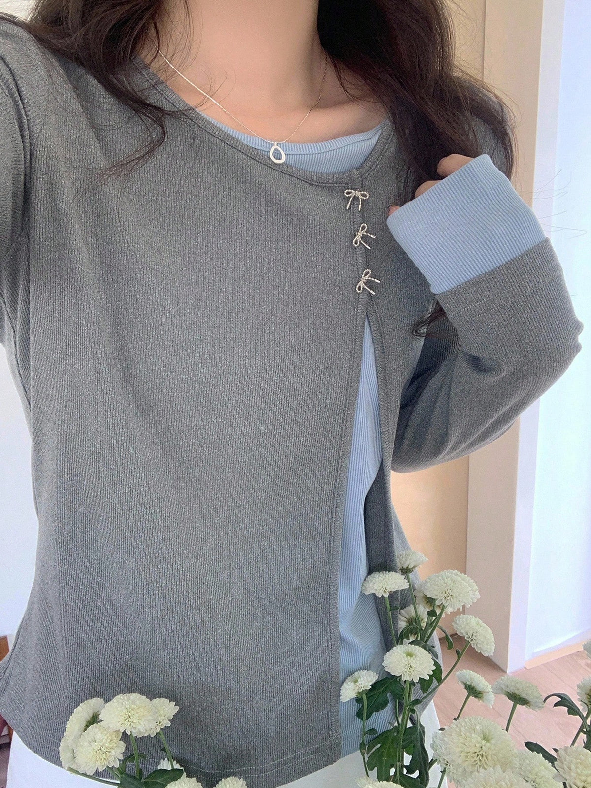 DAZY Women Contrast Color Long Sleeve 2 In 1 Diagonal Placket Round Neck Butterfly T-Shirt,Fall Clothes