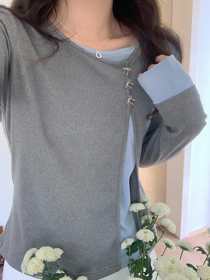 DAZY Women Contrast Color Long Sleeve 2 In 1 Diagonal Placket Round Neck Butterfly T-Shirt,Fall Clothes