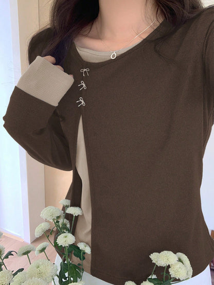 DAZY Women Contrast Color Long Sleeve 2 In 1 Diagonal Placket Round Neck Butterfly T-Shirt,Fall Clothes