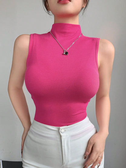 DAZY Women High Collar Fitted Sleeveless Wrap Around Tank Tops
