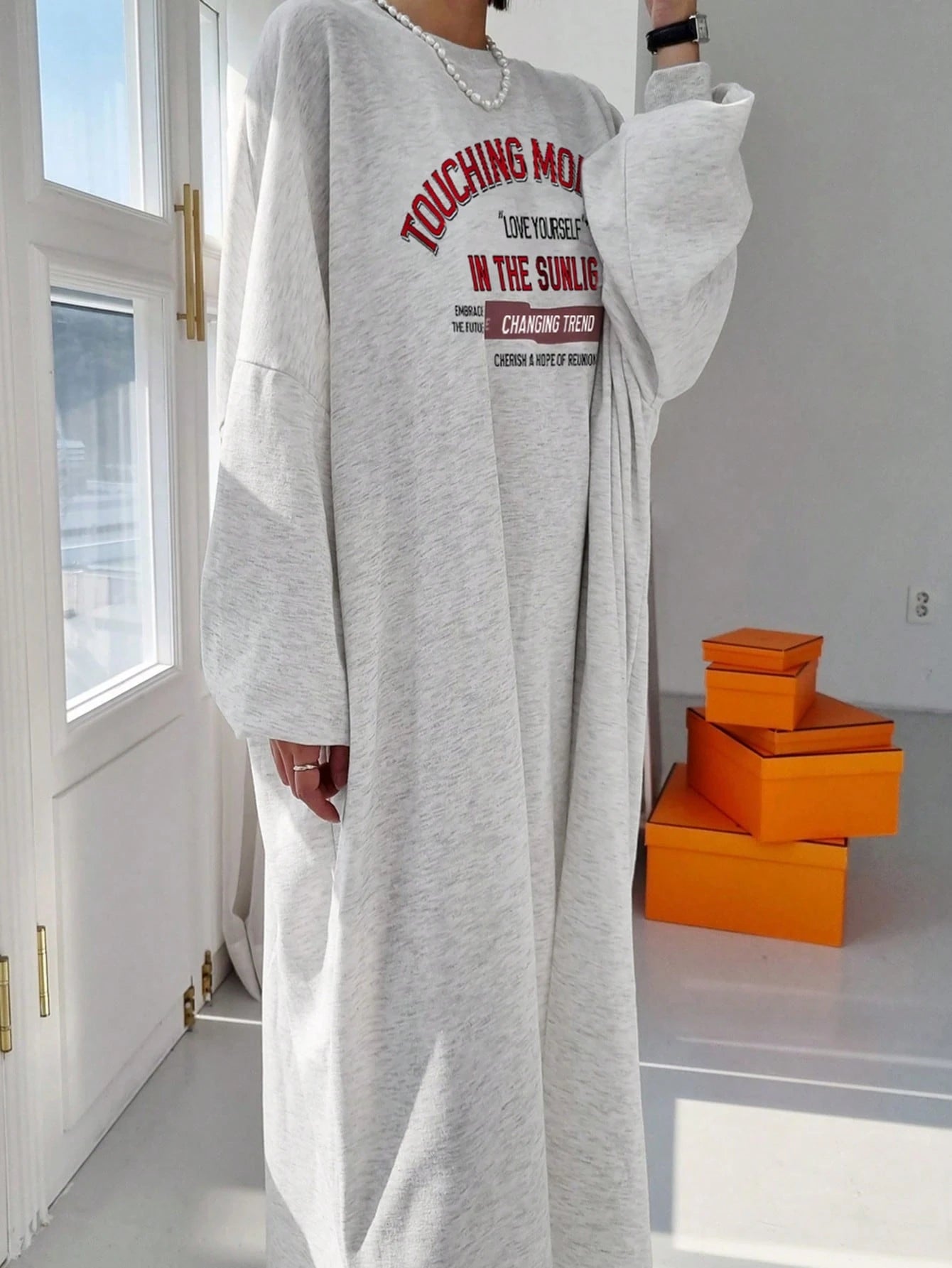 DAZY Women's Casual Loose Fit Long Sleeve Cotton Dress,Grey Letter Print Round Neck Drop Shoulder Slogan Tee Dress,Red And White Stripe,Autumn,Everyday
