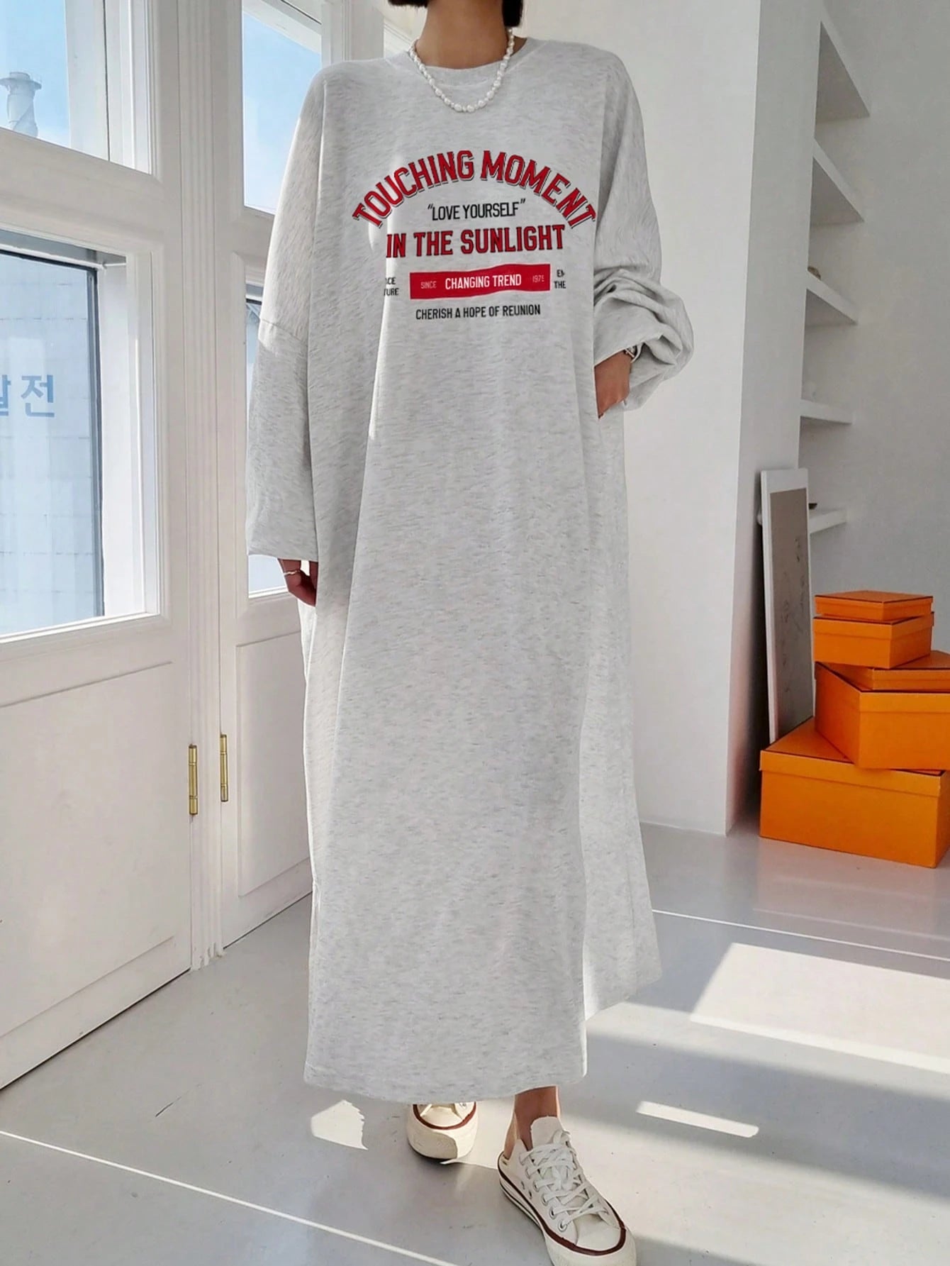 DAZY Women's Casual Loose Fit Long Sleeve Cotton Dress,Grey Letter Print Round Neck Drop Shoulder Slogan Tee Dress,Red And White Stripe,Autumn,Everyday