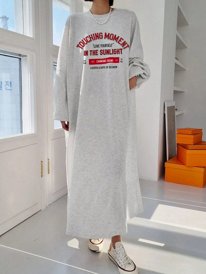 DAZY Women's Casual Loose Fit Long Sleeve Cotton Dress,Grey Letter Print Round Neck Drop Shoulder Slogan Tee Dress,Red And White Stripe,Autumn,Everyday