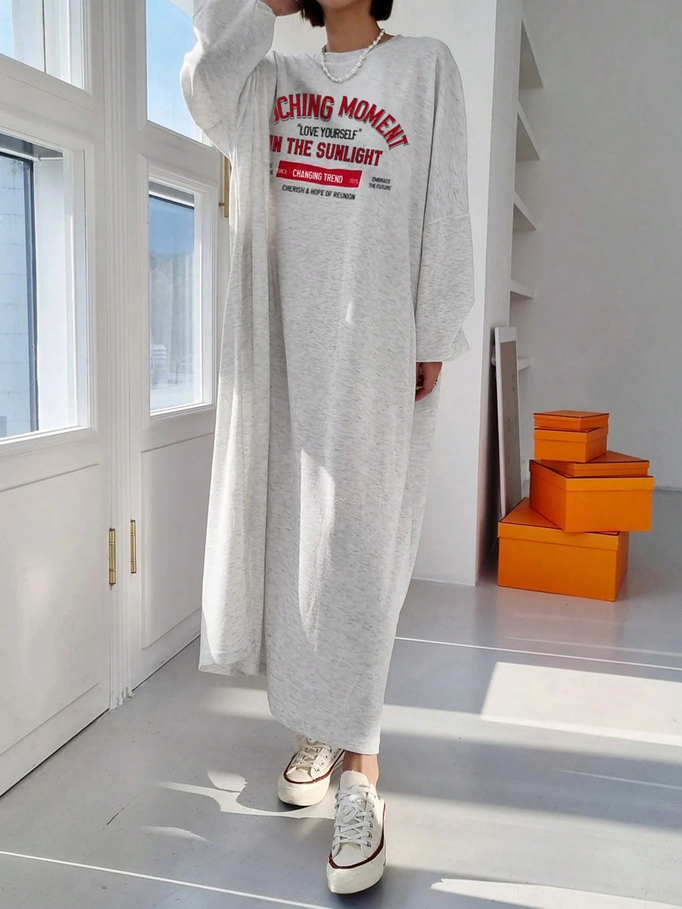 DAZY Women's Casual Loose Fit Long Sleeve Cotton Dress,Grey Letter Print Round Neck Drop Shoulder Slogan Tee Dress,Red And White Stripe,Autumn,Everyday