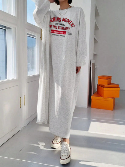 DAZY Women's Casual Loose Fit Long Sleeve Cotton Dress,Grey Letter Print Round Neck Drop Shoulder Slogan Tee Dress,Red And White Stripe,Autumn,Everyday