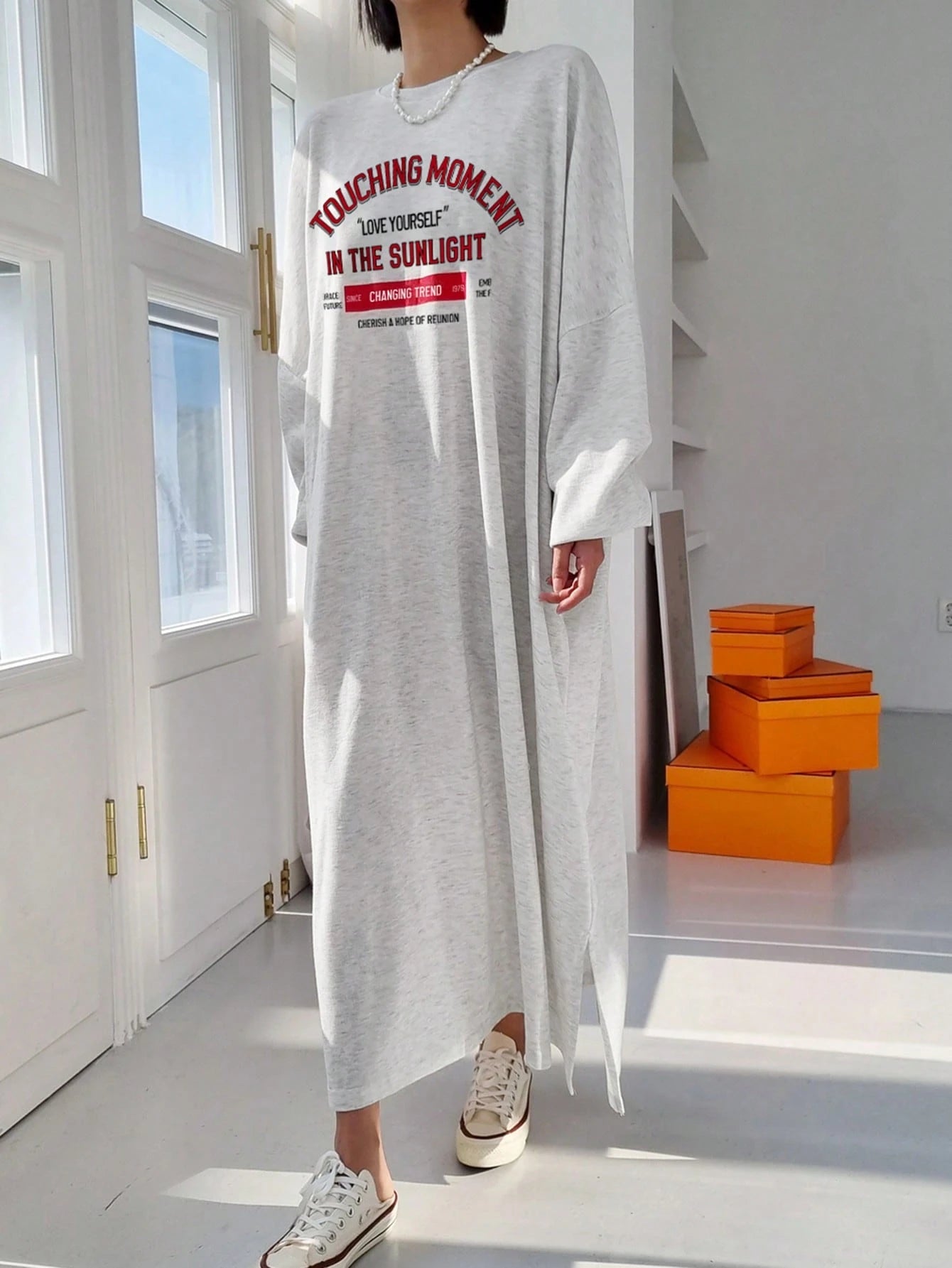 DAZY Women's Casual Loose Fit Long Sleeve Cotton Dress,Grey Letter Print Round Neck Drop Shoulder Slogan Tee Dress,Red And White Stripe,Autumn,Everyday