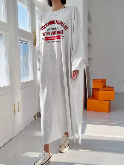 DAZY Women's Casual Loose Fit Long Sleeve Cotton Dress,Grey Letter Print Round Neck Drop Shoulder Slogan Tee Dress,Red And White Stripe,Autumn,Everyday