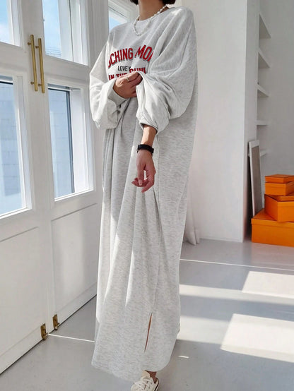 DAZY Women's Casual Loose Fit Long Sleeve Cotton Dress,Grey Letter Print Round Neck Drop Shoulder Slogan Tee Dress,Red And White Stripe,Autumn,Everyday