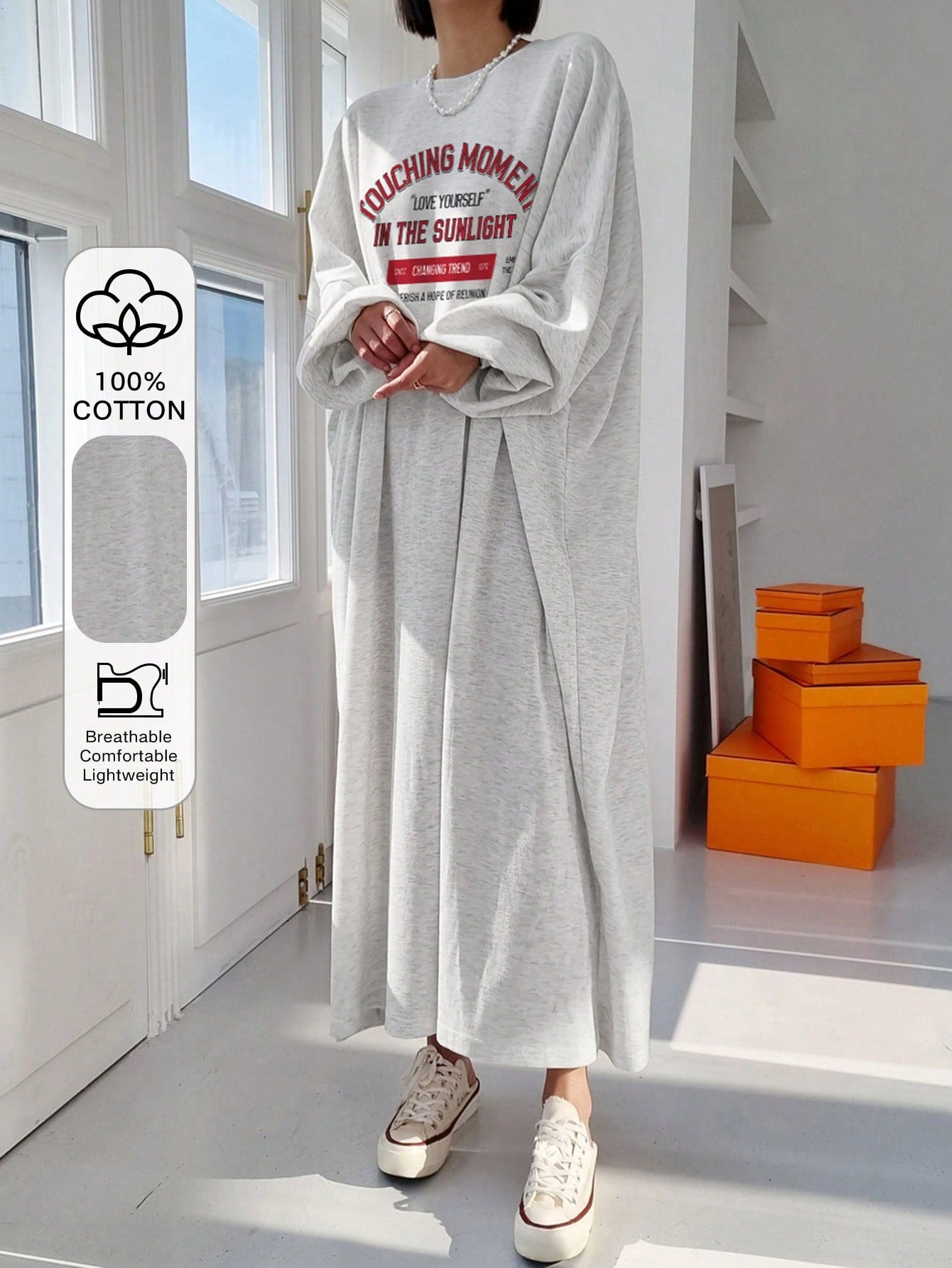 DAZY Women's Casual Loose Fit Long Sleeve Cotton Dress,Grey Letter Print Round Neck Drop Shoulder Slogan Tee Dress,Red And White Stripe,Autumn,Everyday