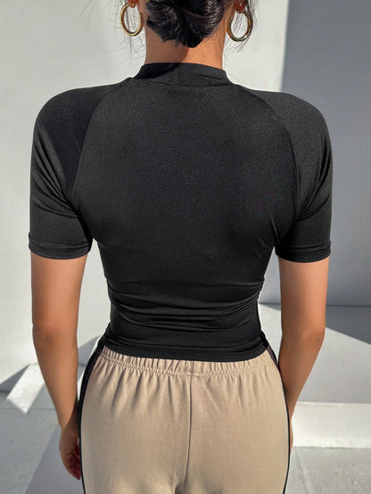 DAZY Women's Half Turtleneck Tight Short Sleeve T-Shirt With Letter Print And Cropped Hem Y2k,Fall Clothes