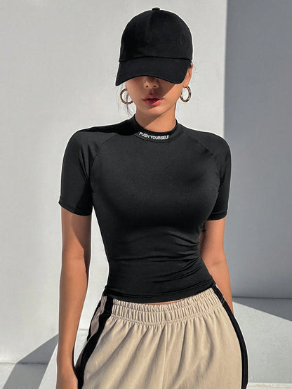 DAZY Women's Half Turtleneck Tight Short Sleeve T-Shirt With Letter Print And Cropped Hem Y2k,Fall Clothes
