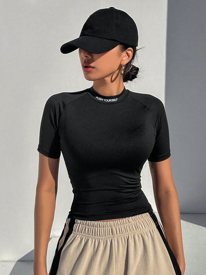 DAZY Women's Half Turtleneck Tight Short Sleeve T-Shirt With Letter Print And Cropped Hem Y2k,Fall Clothes