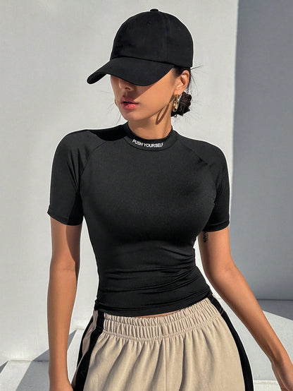 DAZY Women's Half Turtleneck Tight Short Sleeve T-Shirt With Letter Print And Cropped Hem Y2k,Fall Clothes