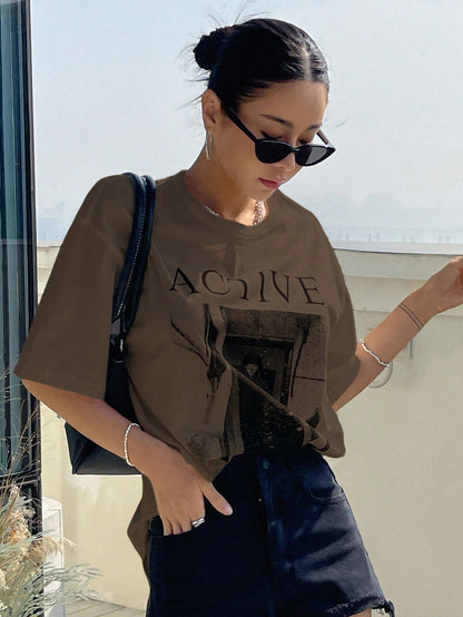 DAZY Women's Loose Fit Short Sleeve T-Shirt With Letter Print Round Neckline ACTIVE Summer,Graphic Tees