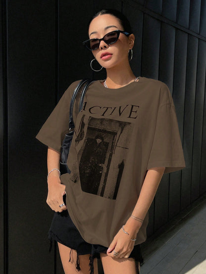 DAZY Women's Loose Fit Short Sleeve T-Shirt With Letter Print Round Neckline ACTIVE Summer,Graphic Tees