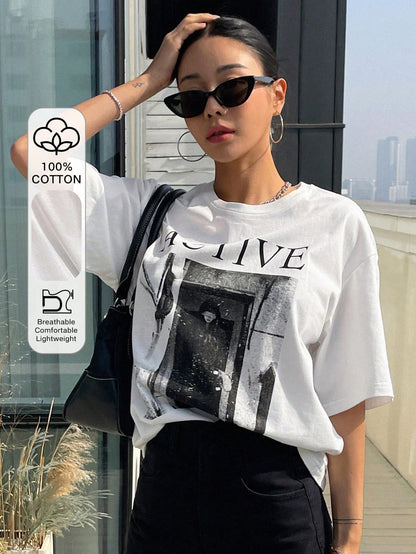 DAZY Women's Loose Fit Short Sleeve T-Shirt With Letter Print Round Neckline ACTIVE Summer,Graphic Tees