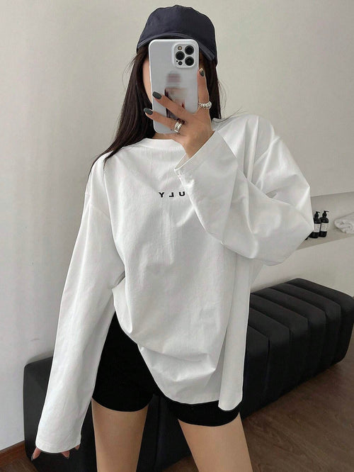 DAZY Women's Round Neck Drop Shoulder T-Shirt With Letter Print,Fall Clothes Long Sleeve Women Tops