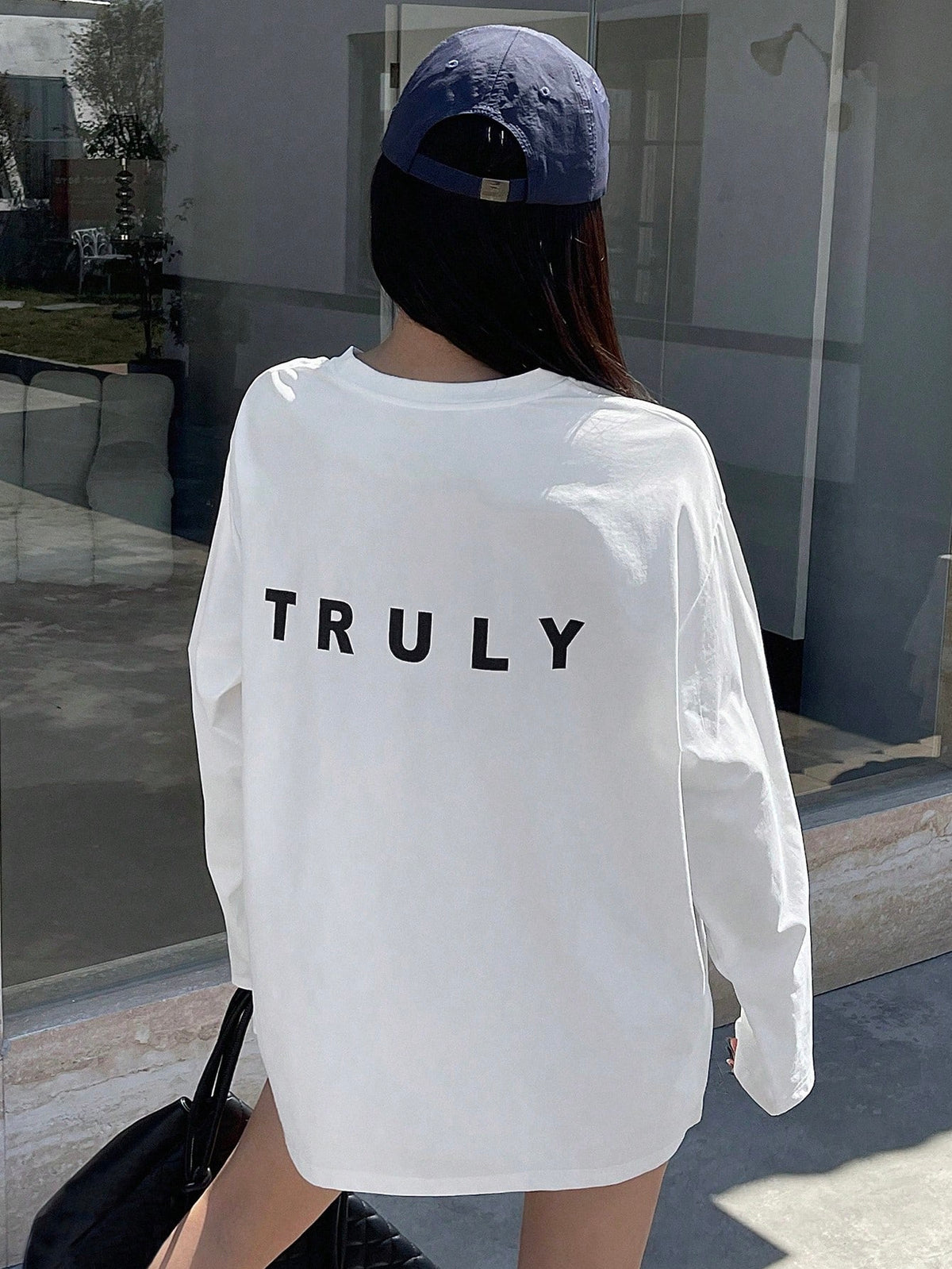 DAZY Women's Round Neck Drop Shoulder T-Shirt With Letter Print,Fall Clothes Long Sleeve Women Tops