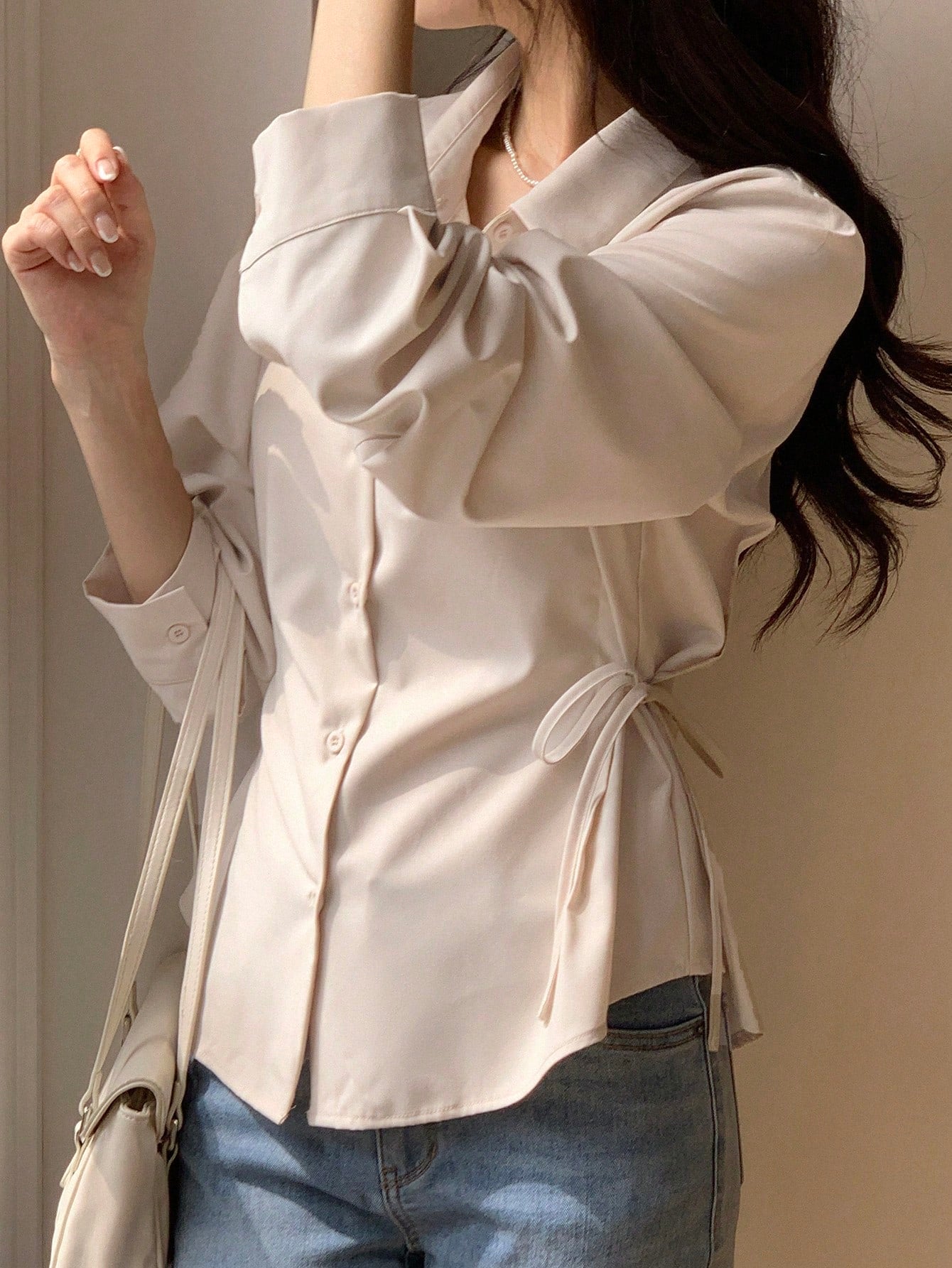 DAZY Women's Solid Color Casual Business Style Lapel Long Sleeve Cinched Waist Shirt,Fall Clothes