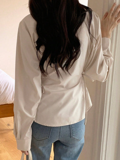 DAZY Women's Solid Color Casual Business Style Lapel Long Sleeve Cinched Waist Shirt,Fall Clothes