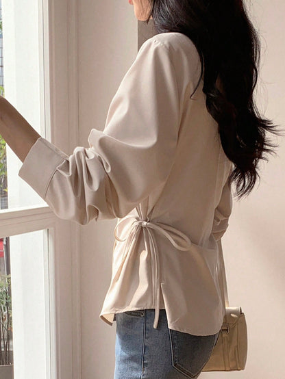 DAZY Women's Solid Color Casual Business Style Lapel Long Sleeve Cinched Waist Shirt,Fall Clothes