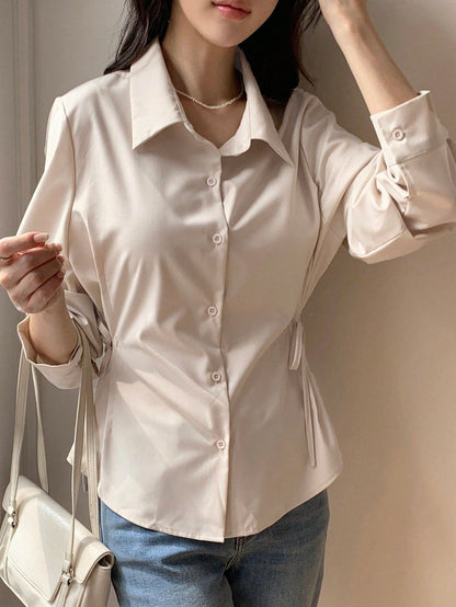 DAZY Women's Solid Color Casual Business Style Lapel Long Sleeve Cinched Waist Shirt,Fall Clothes
