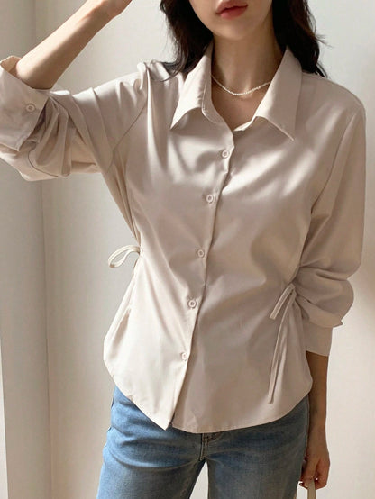 DAZY Women's Solid Color Casual Business Style Lapel Long Sleeve Cinched Waist Shirt,Fall Clothes