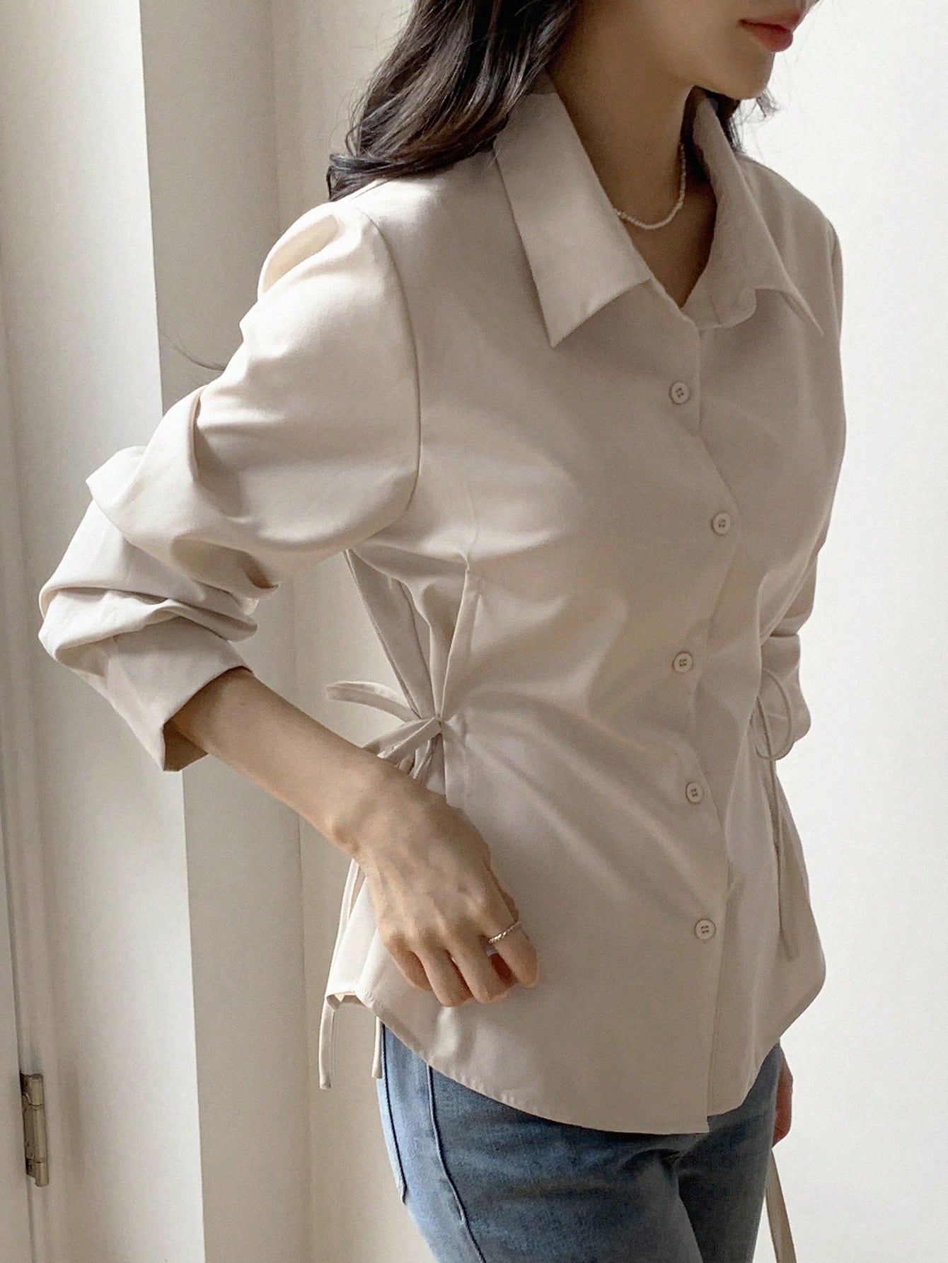 DAZY Women's Solid Color Casual Business Style Lapel Long Sleeve Cinched Waist Shirt,Fall Clothes