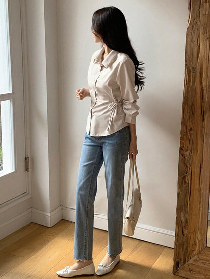 DAZY Women's Solid Color Casual Business Style Lapel Long Sleeve Cinched Waist Shirt,Fall Clothes