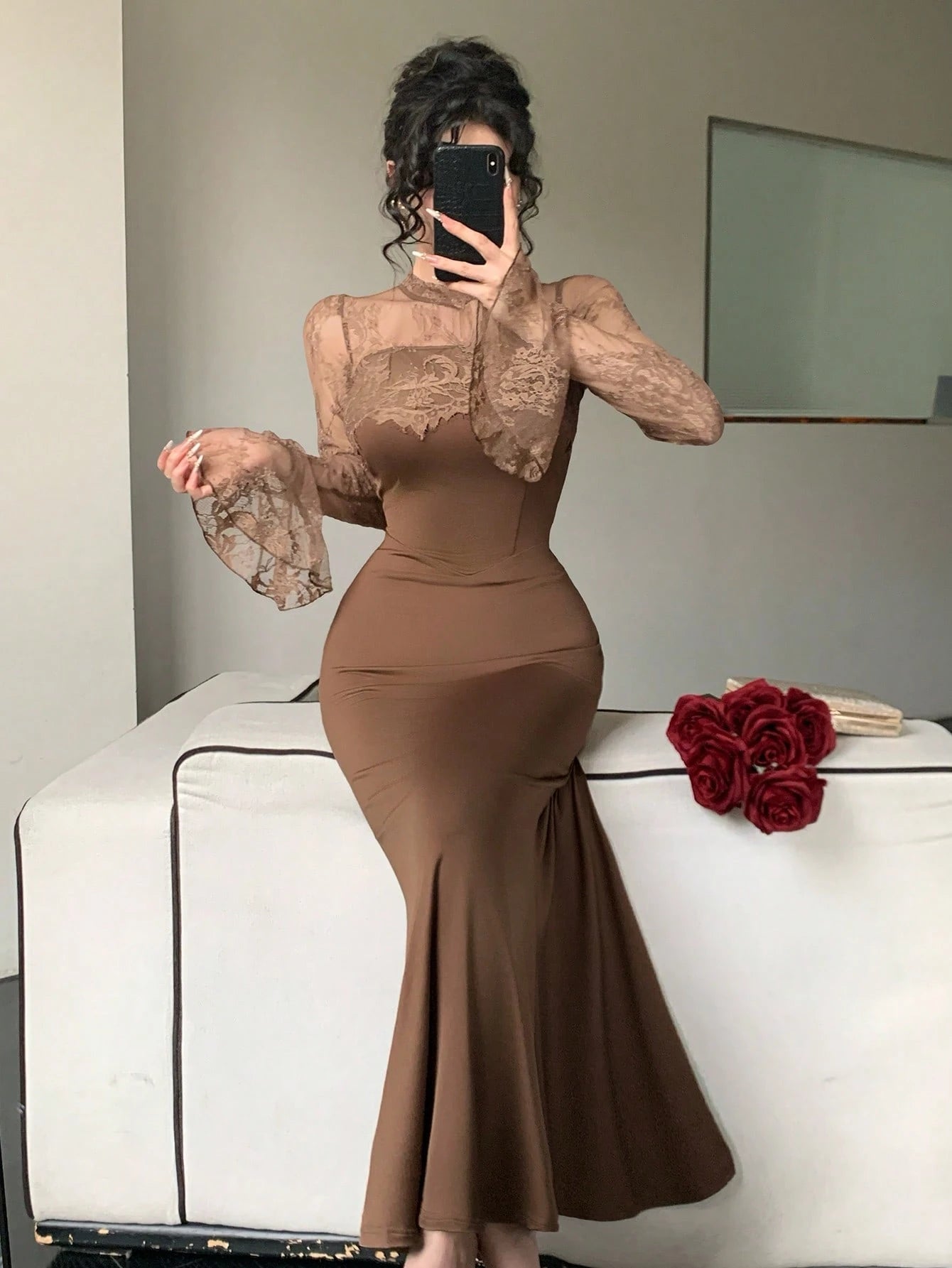 DAZY Women's Stand Collar Lace Patchwork Elegant Waist Cinched Midi Party Dress Sun Dresses For Women