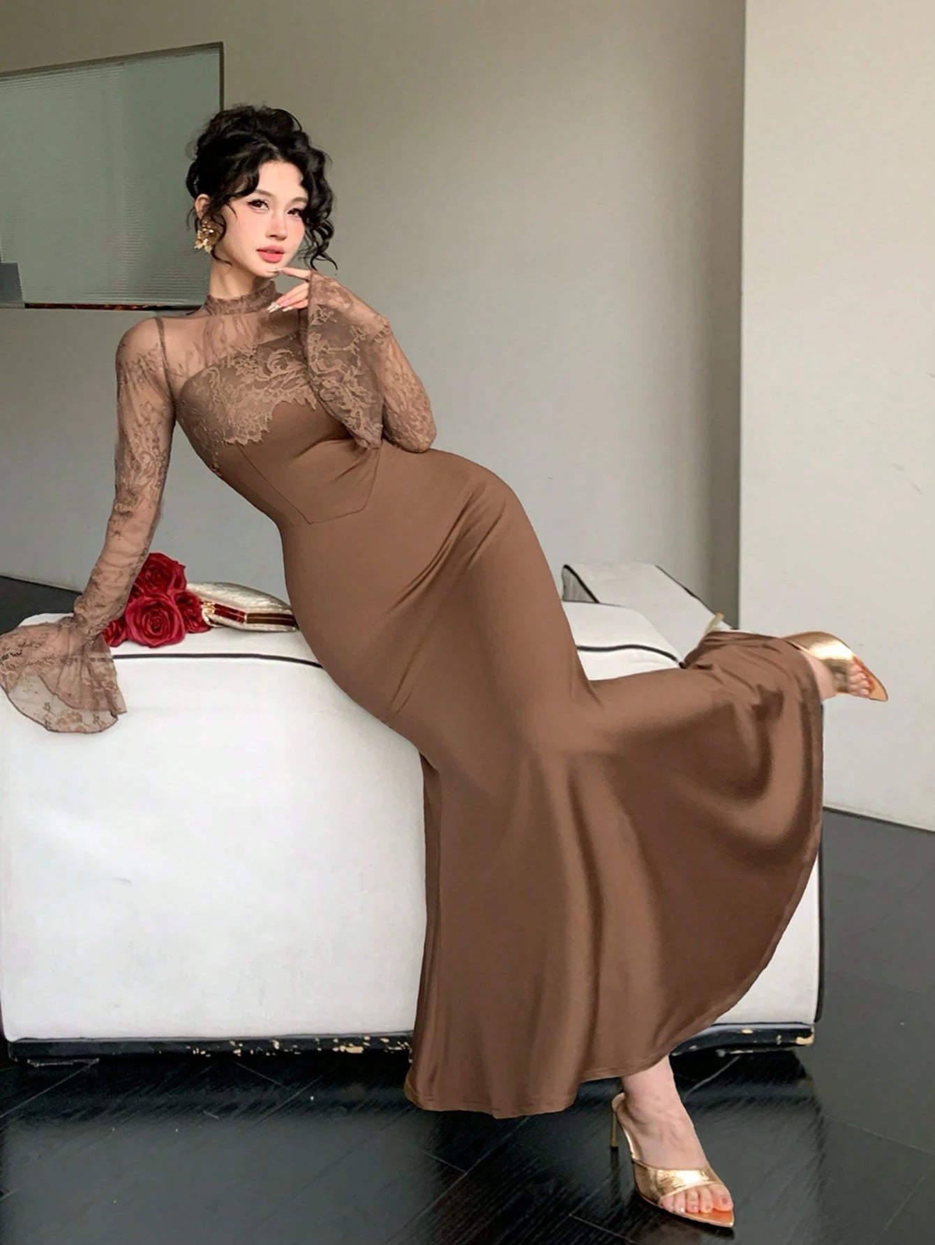 DAZY Women's Stand Collar Lace Patchwork Elegant Waist Cinched Midi Party Dress Sun Dresses For Women