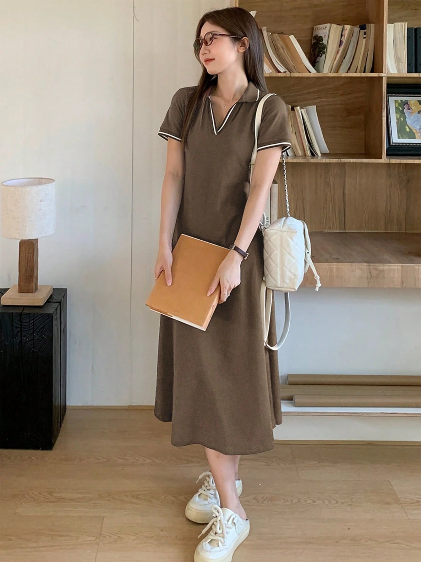 DAZY Women's V-Neck Casual Striped Mid-Length Dress Shirt Dress Maxi Dress