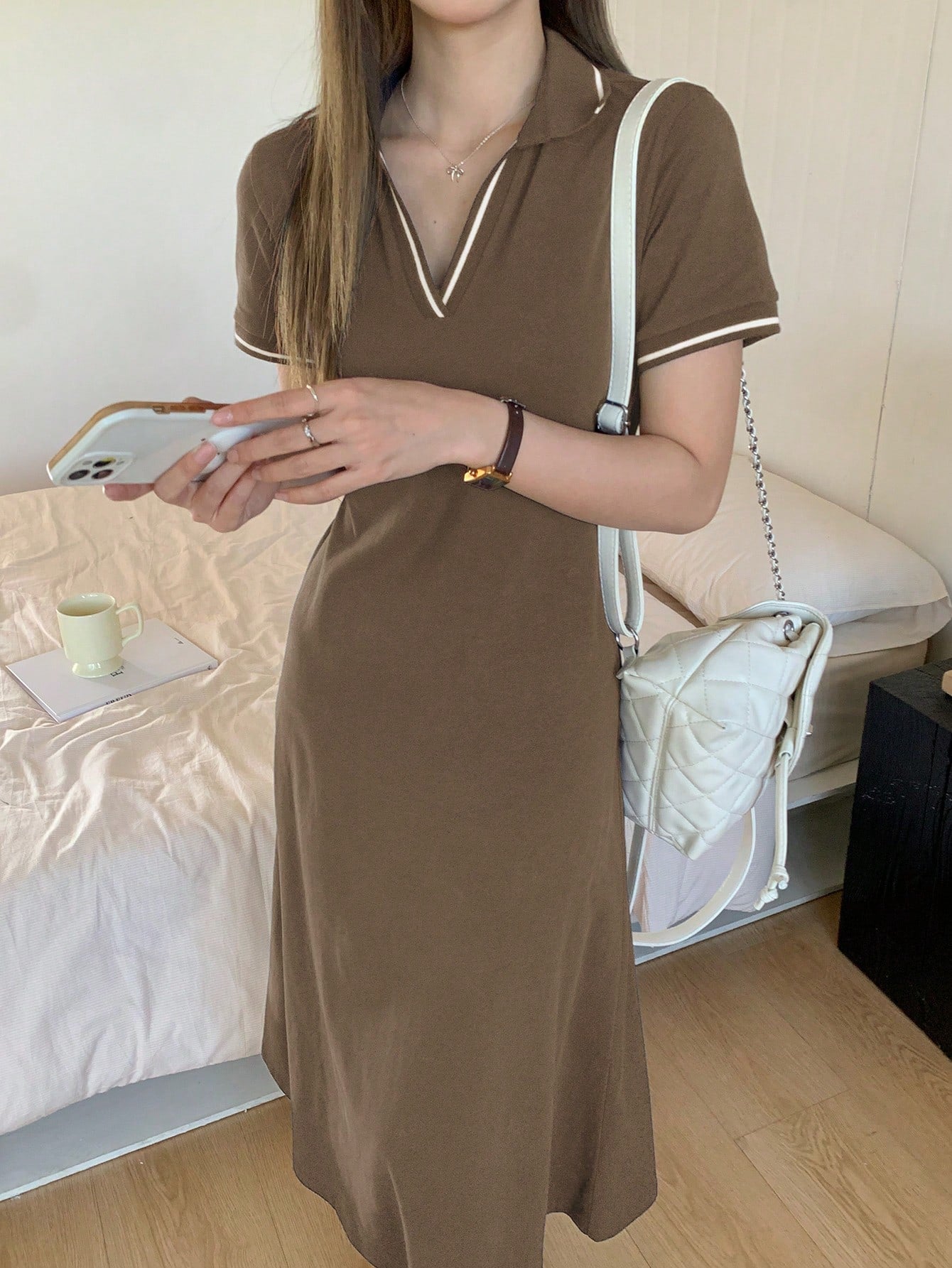 DAZY Women's V-Neck Casual Striped Mid-Length Dress Shirt Dress Maxi Dress