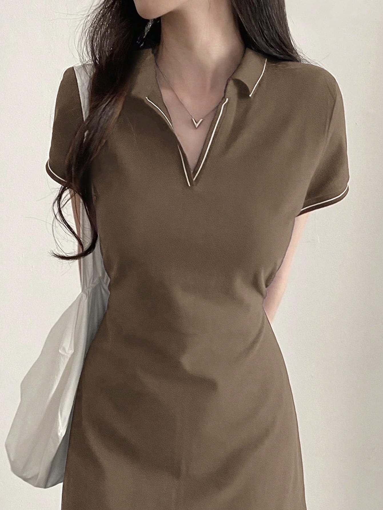 DAZY Women's V-Neck Casual Striped Mid-Length Dress Shirt Dress Maxi Dress
