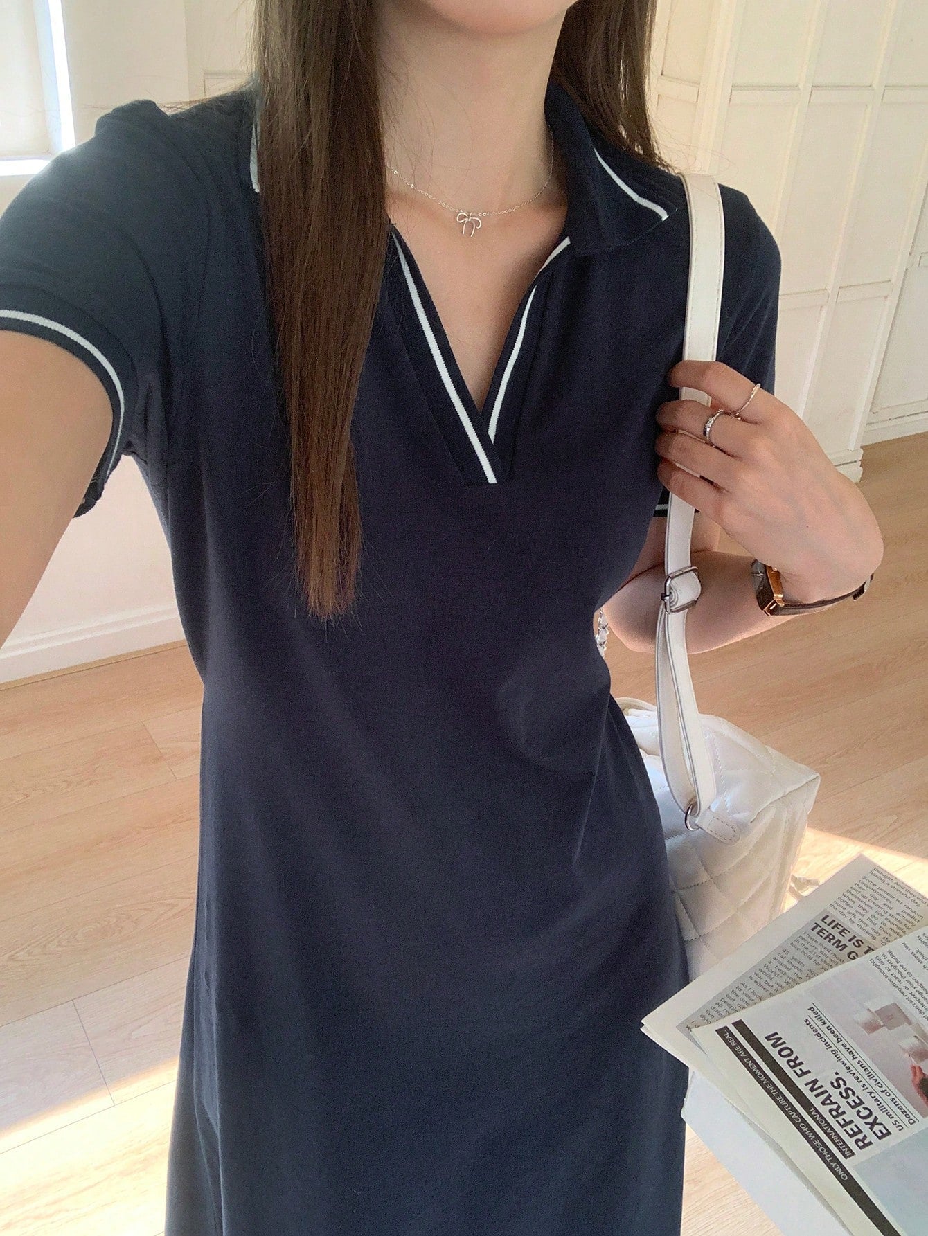 DAZY Women's V-Neck Casual Striped Mid-Length Dress Shirt Dress Maxi Dress
