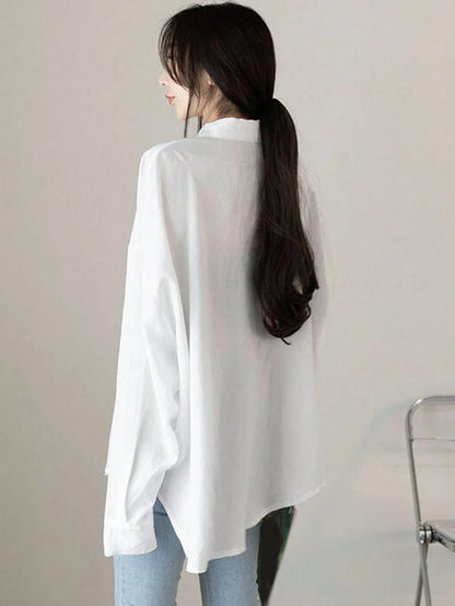 DAZY Women Solid Color Regular Turn-Down Collar Ultra-Loose Shirt,Long Sleeve Tops,Fall Clothes Thin Clothing