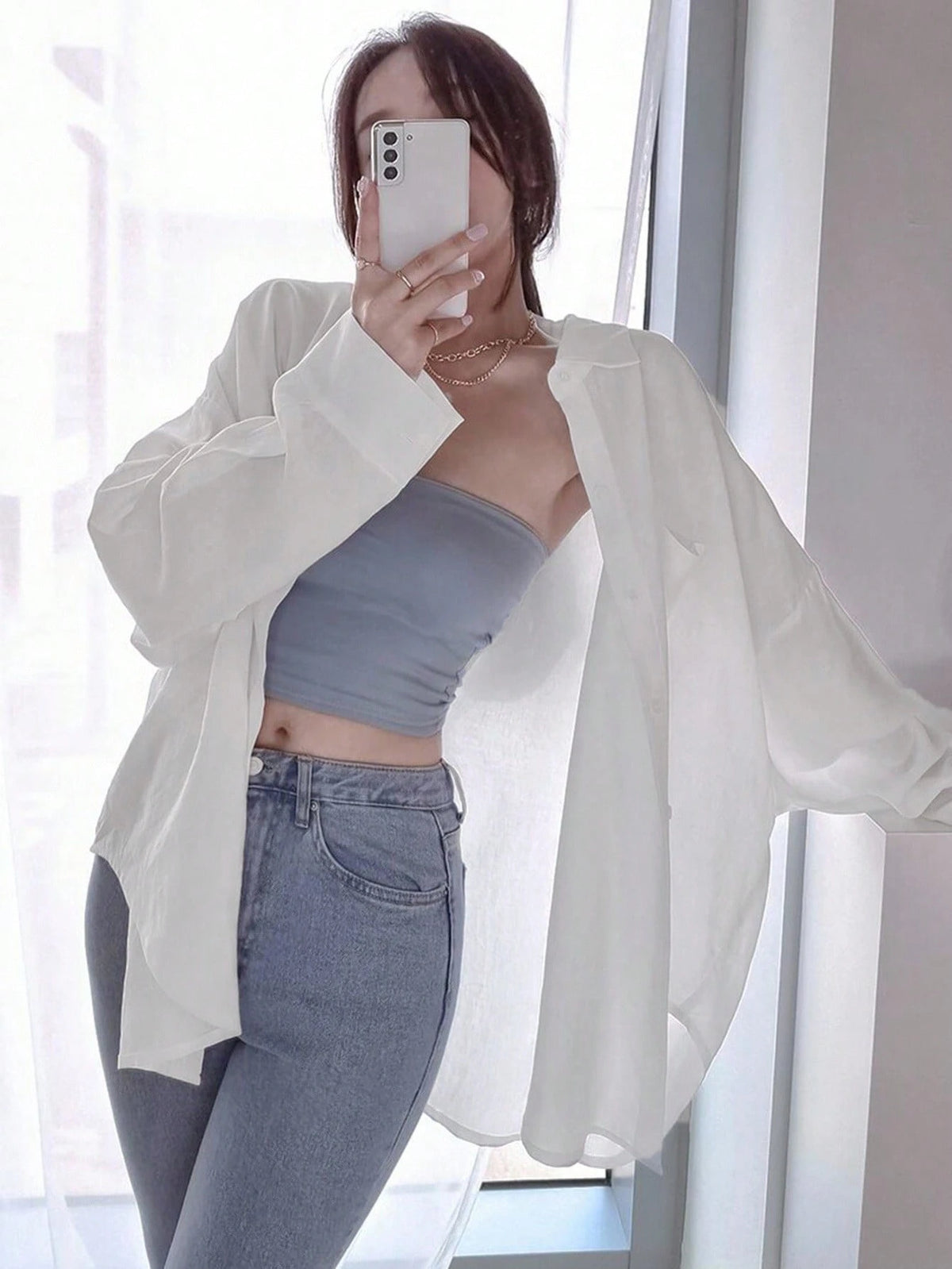DAZY Women Solid Color Regular Turn-Down Collar Ultra-Loose Shirt,Long Sleeve Tops,Fall Clothes Thin Clothing