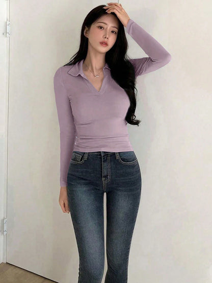DAZY Women Solid Color Slim Fit Polo Neck Long Sleeve T-Shirt, Everyday Casual Preppy Tops
