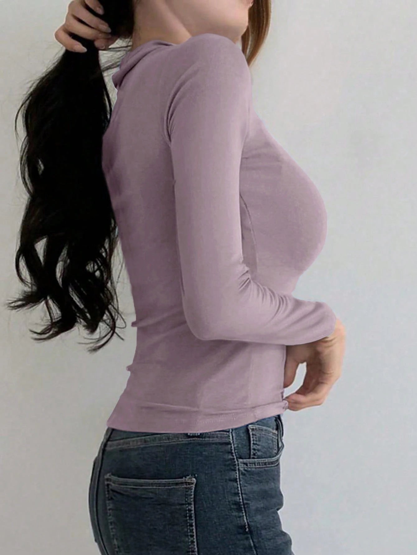 DAZY Women Solid Color Slim Fit Polo Neck Long Sleeve T-Shirt, Everyday Casual Preppy Tops