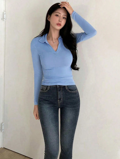 DAZY Women Solid Color Slim Fit Polo Neck Long Sleeve T-Shirt, Everyday Casual Preppy Tops