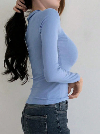 DAZY Women Solid Color Slim Fit Polo Neck Long Sleeve T-Shirt, Everyday Casual Preppy Tops